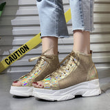 high platform peep toe lace up gold sandals