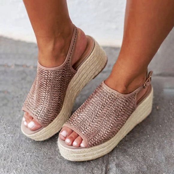 LOOZYKIT 2019 Summer Women Hemp Sandals Fashion Female Beach Shoes Wedge Heels Shoes Comfortable Platform Shoes Buckle Strap